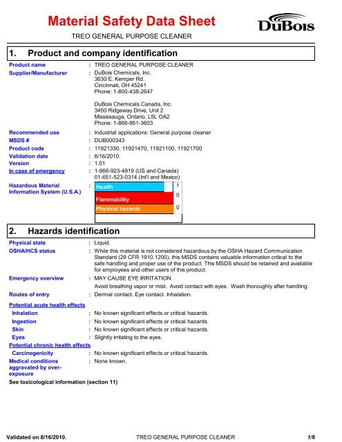 MSDS - DuBois Chemicals Online Store