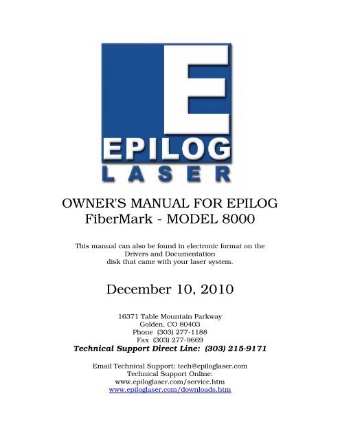 OWNER'S MANUAL FOR EPILOG FiberMark ... - Epilog Laser