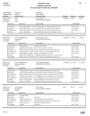 Klamath County PERMITS ISSUED For the Period 9/12/2007 thru 9 ...