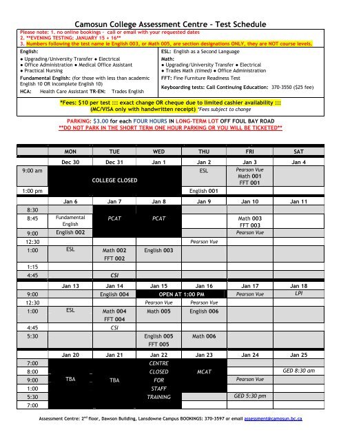 Camosun College Assessment Centre Ã¢Â€Â“ Test Schedule NOTE ...