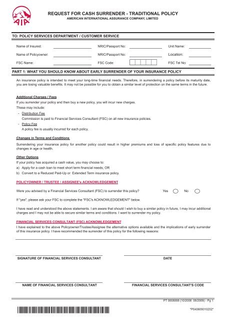 Cash Surrender Form - PT 008008 06.2009 - AIA Singapore