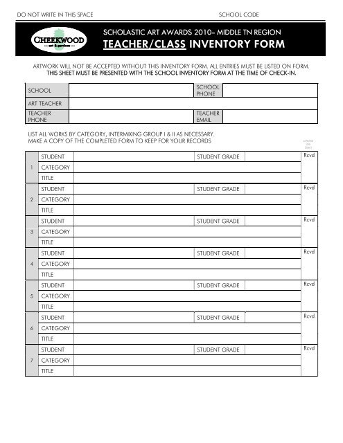 TEACHER/CLASS INVENTORY FORM