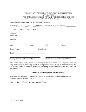 Application for Haul Seine Permit to Take Fish for Personal Use