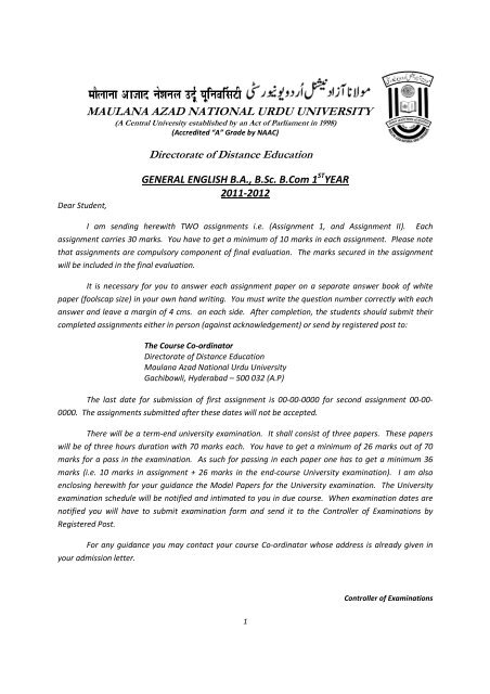 B A B Com B Sc 1st Year Maulana Azad National Urdu University