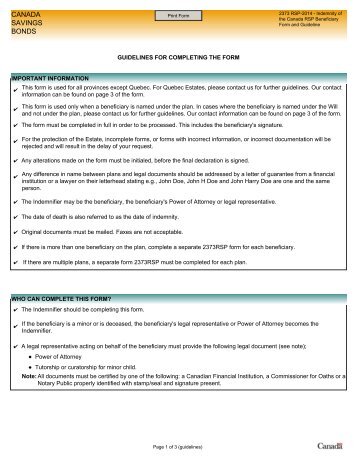 Indemnity of the Canada RSP Beneficiary Form and Guidelines