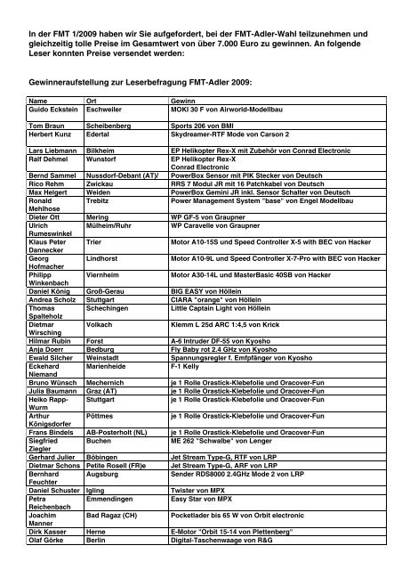 In der FMT 1/2009 haben wir Sie aufgefordert, bei der Fmt-Adler-Wahl