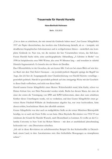 Trauerrede für Harold Hurwitz - Robert Havemann Gesellschaft