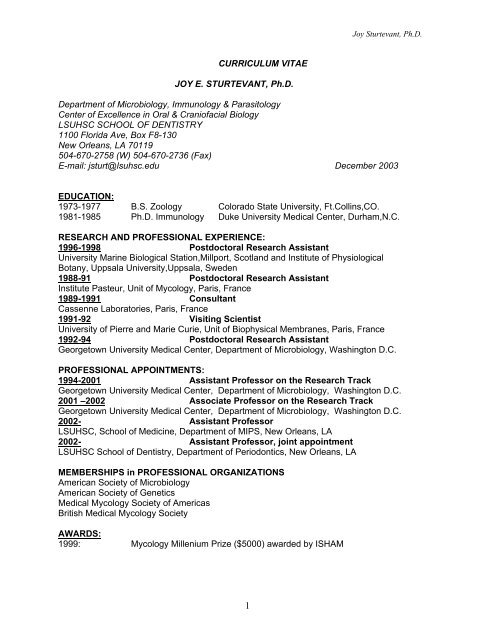 CURRICULUM VITAE JOY E. STURTEVANT, Ph.D. Department of ...