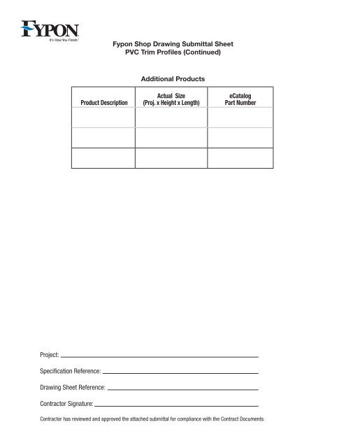 Fypon Shop Drawing Submittal Sheet PVC Trim Profiles Product ...