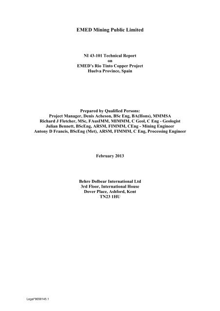 NI 43-101 Technical Report on EMED's Rio Tinto ... - EMED Mining