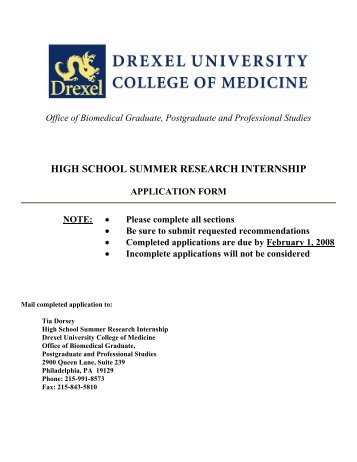 high school summer research internship - Drexel University College ...