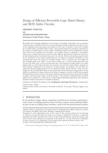 Design of Efficient Reversible Logic Based Binary and BCD Adder ...