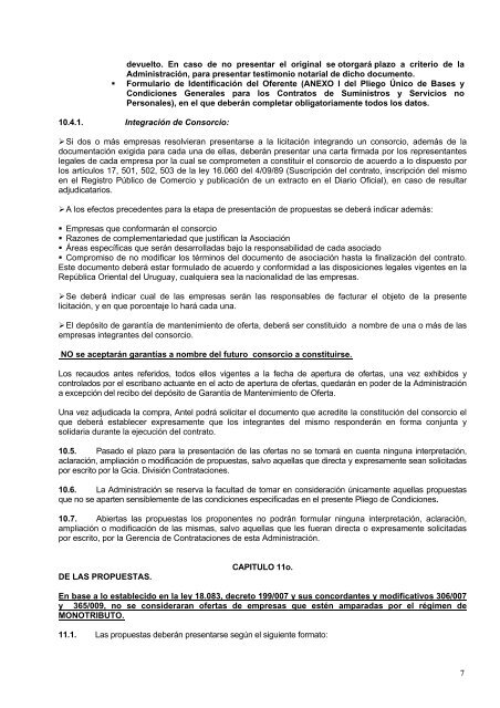 1 SECCION I CAPITULO 1Âº. OBJETO 1.1 Antel llama a licitaciÃ³n ...