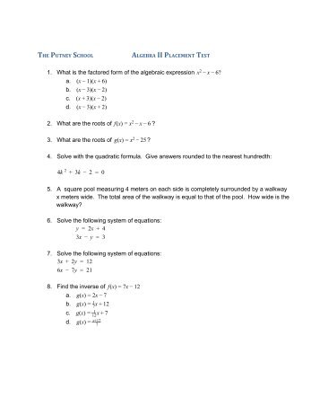 Algebra 2 Placement Test - The Putney School