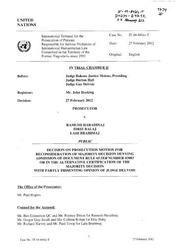 Decision on prosecution motion for reconsideration of ... - ICTY