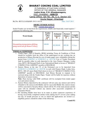 BHARAT COKING COAL LIMITED - Tenders India