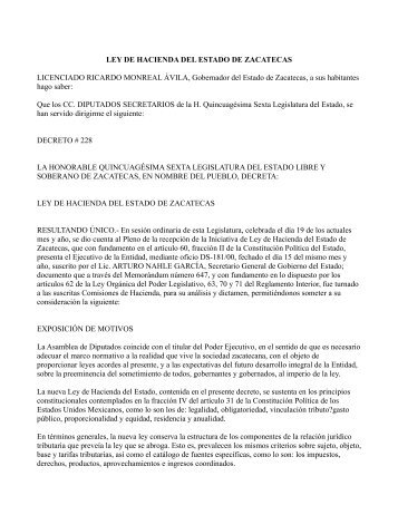 LEY DE HACIENDA DEL ESTADO DE ZACATECAS ... - Finanzas