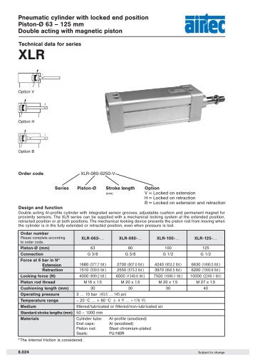 Pneumatic cylinder with locked end position Piston-Ã 63 â 125 mm ...