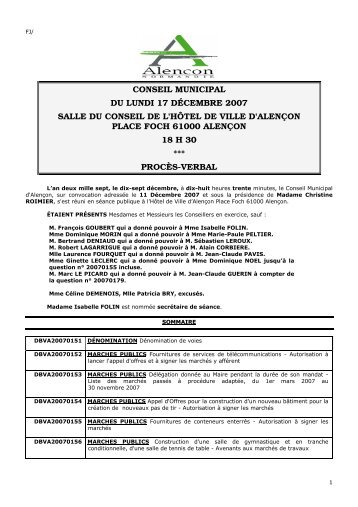 CONSEIL MUNICIPAL DU LUNDI 17 DÉCEMBRE 2007 ... - Alençon