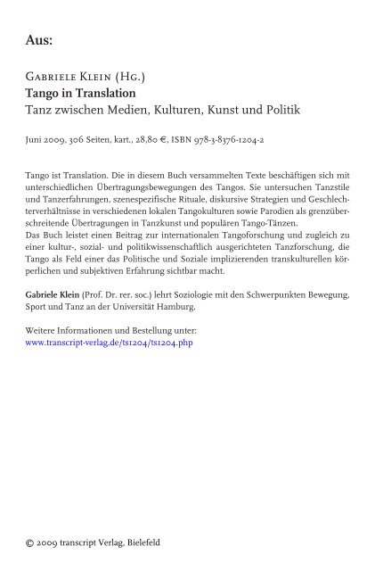 Gabriele Klein (Hg.) Tango in Translation Tanz zwischen Medien ...