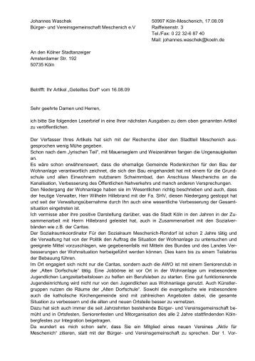 Leserbrief 1 an den KÃ¶lner Stadtanzeiger - Bv-meschenich.de