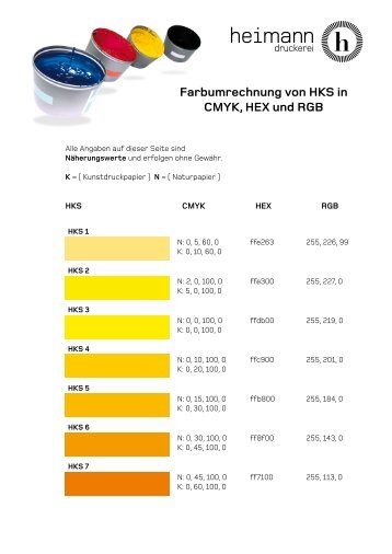 Farbumrechnung von HKS in CMYK, HEX und RGB