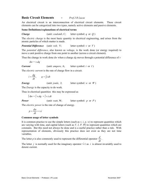 Basic Circuit Elements – Professor J R - Electrical Engineering