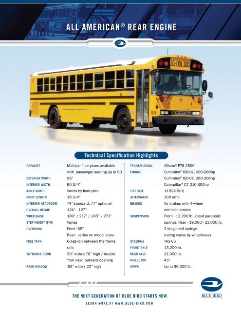 Blue Bird All-American Rear Engine School Bus Specification Sheet