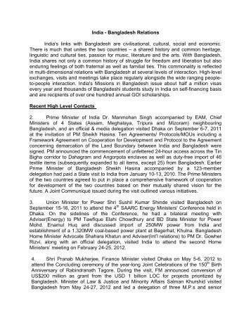 India - Bangladesh Relations - Ministry of External Affairs