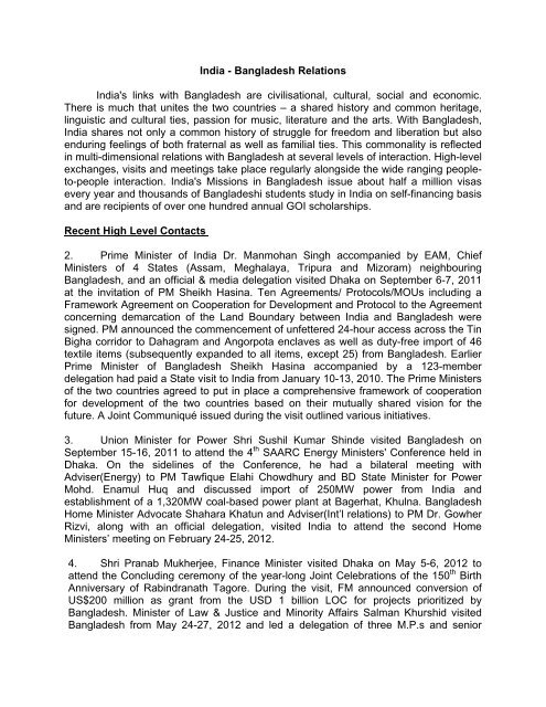 India - Bangladesh Relations - Ministry of External Affairs