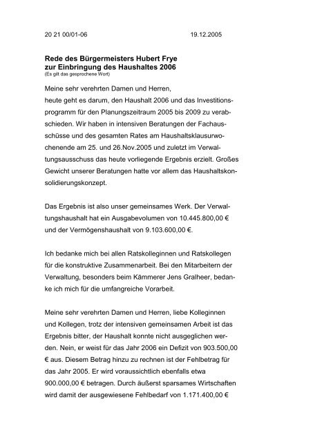 Haushaltsrede des BÃ¼rgermeisters Hubert Frye - Saterland