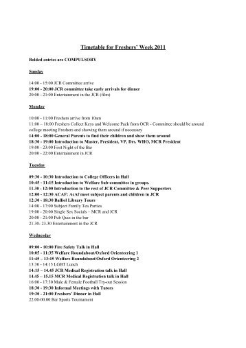 Timetable for Freshers' Week 2011 - Balliol College