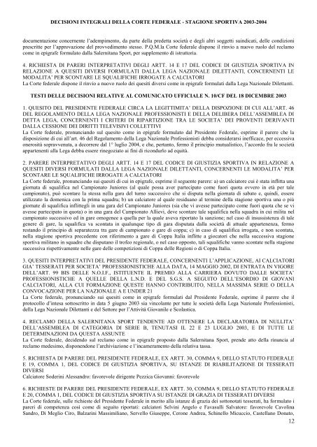 Stagione sportiva 2003 - Diritto Calcistico