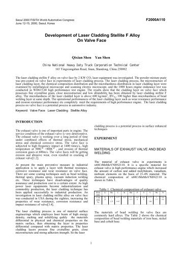 Development of Laser Cladding Stellite F Alloy On Valve Face