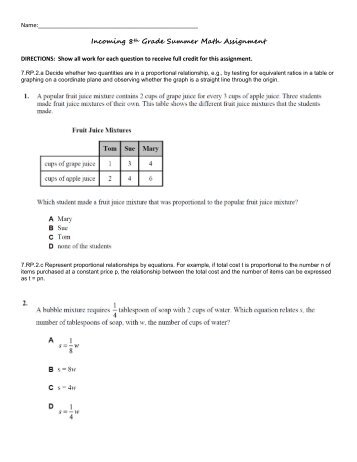 Incoming 8th Grade Summer Math Assignment - Is34.org
