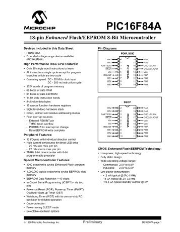 PIC16F84A 18-pin Enhanced Flash/EEPROM 8-Bit MCU Data Sheet