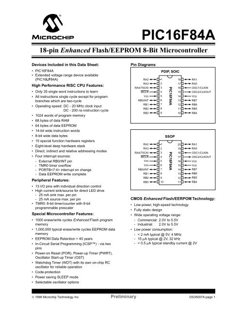 PIC16F84A 18-pin Enhanced Flash/EEPROM 8-Bit MCU Data Sheet