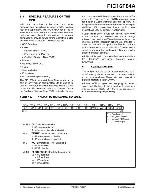 PIC16F84A 18-pin Enhanced Flash/EEPROM 8-Bit MCU Data Sheet