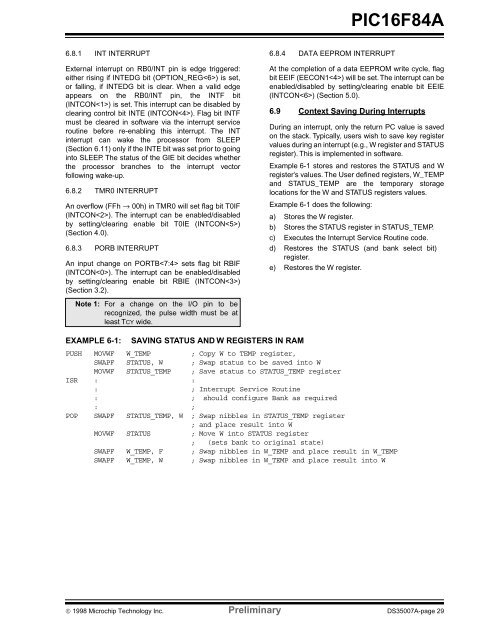 PIC16F84A 18-pin Enhanced Flash/EEPROM 8-Bit MCU Data Sheet