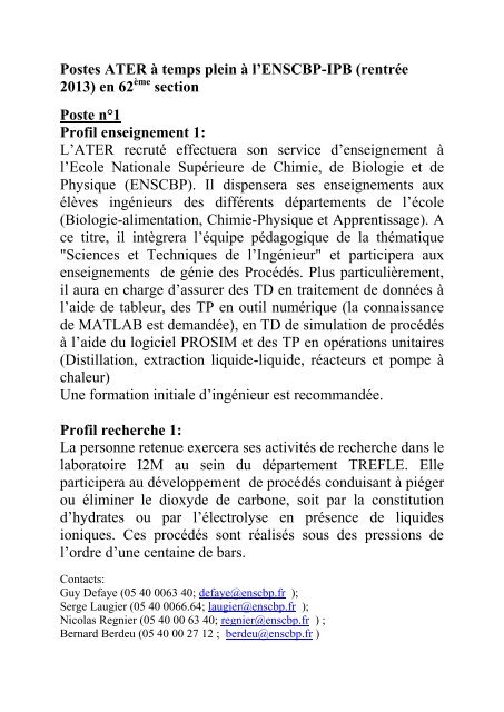 Postes ATER à temps plein à l'ENSCBP-IPB (rentrée 2013) en 62 ...