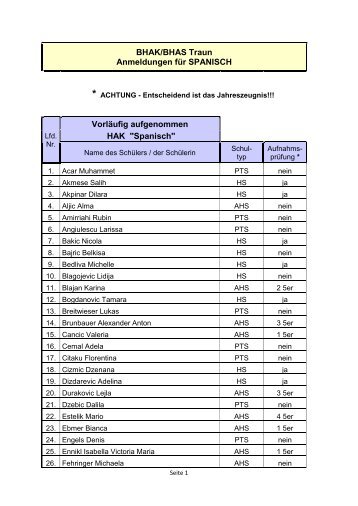 BHAK/BHAS Traun Anmeldungen fÃ¼r SPANISCH ... - HAK/HAS Traun
