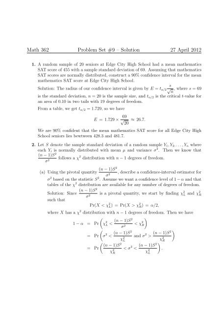 Math 362 Problem Set #9 â€“ Solution 27 April 2012 - Faculty web ...