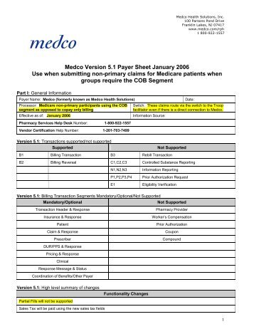 Medco Version 5.1 Payer Sheet January 2006 Use when submitting ...