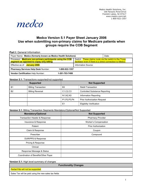 Medco Version 5.1 Payer Sheet January 2006 Use when submitting ...