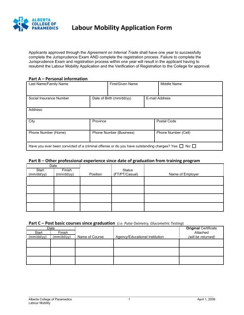 Labour Mobility Application Form - Alberta College of Paramedics