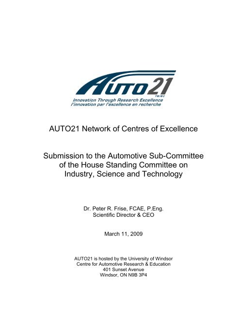 AUTO21 Network of Centres of Excellence Submission to the ...