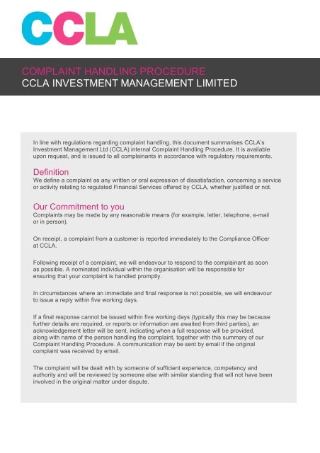 complaint handling procedure ccla investment management limited
