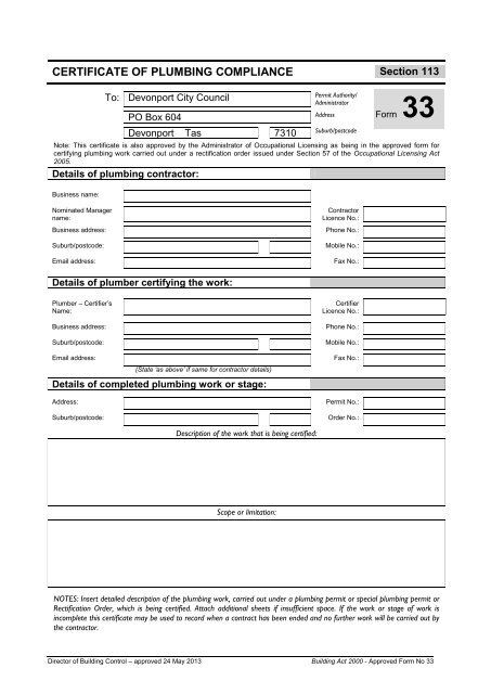 Form 33 Cert of Plumbing Compliance - Devonport City Council