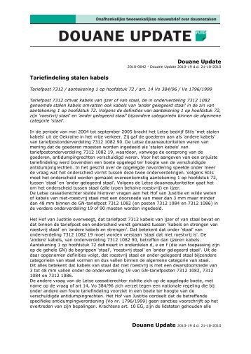 Douane Update Tariefindeling stalen kabels - Fiscaal up to Date