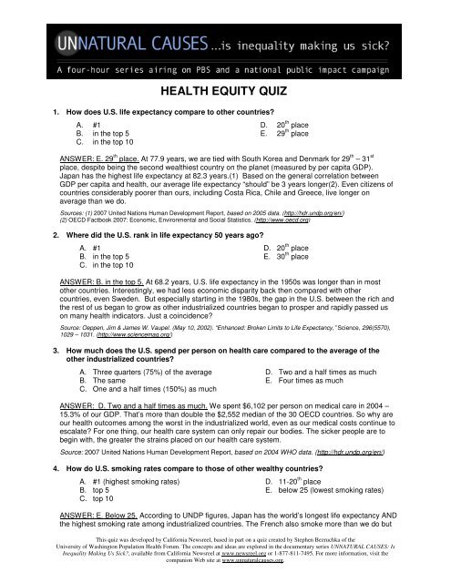 Health Equity Quiz (pdf) - Unnatural Causes